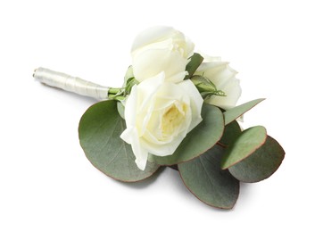 Photo of One stylish small boutonniere isolated on white