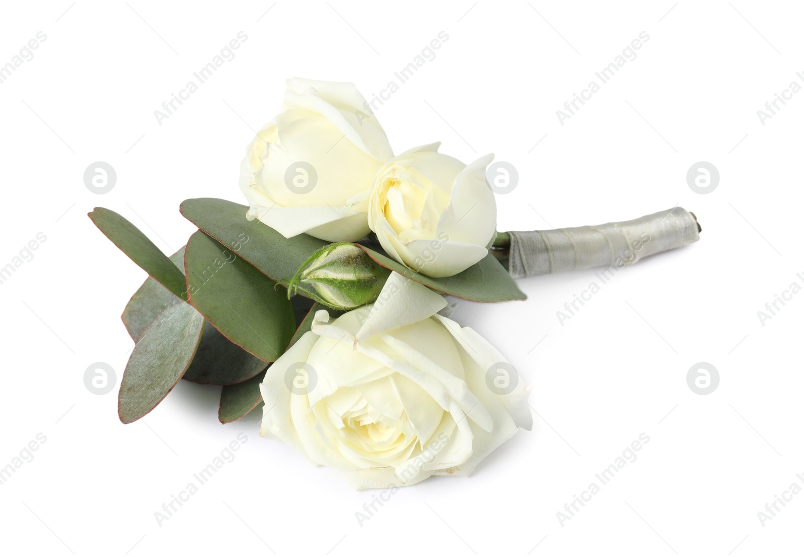 Photo of One stylish small boutonniere isolated on white