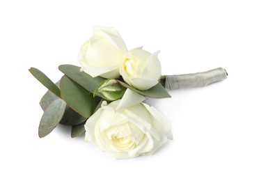 Photo of One stylish small boutonniere isolated on white