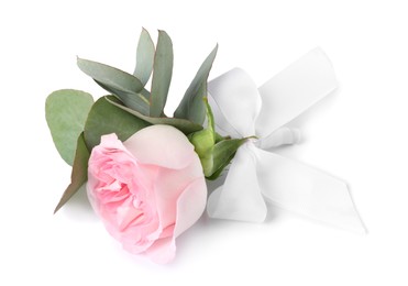 Photo of One stylish small boutonniere isolated on white