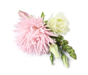 Photo of One stylish small boutonniere isolated on white