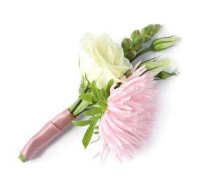 Photo of One stylish small boutonniere isolated on white, top view