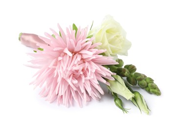 Photo of One stylish small boutonniere isolated on white