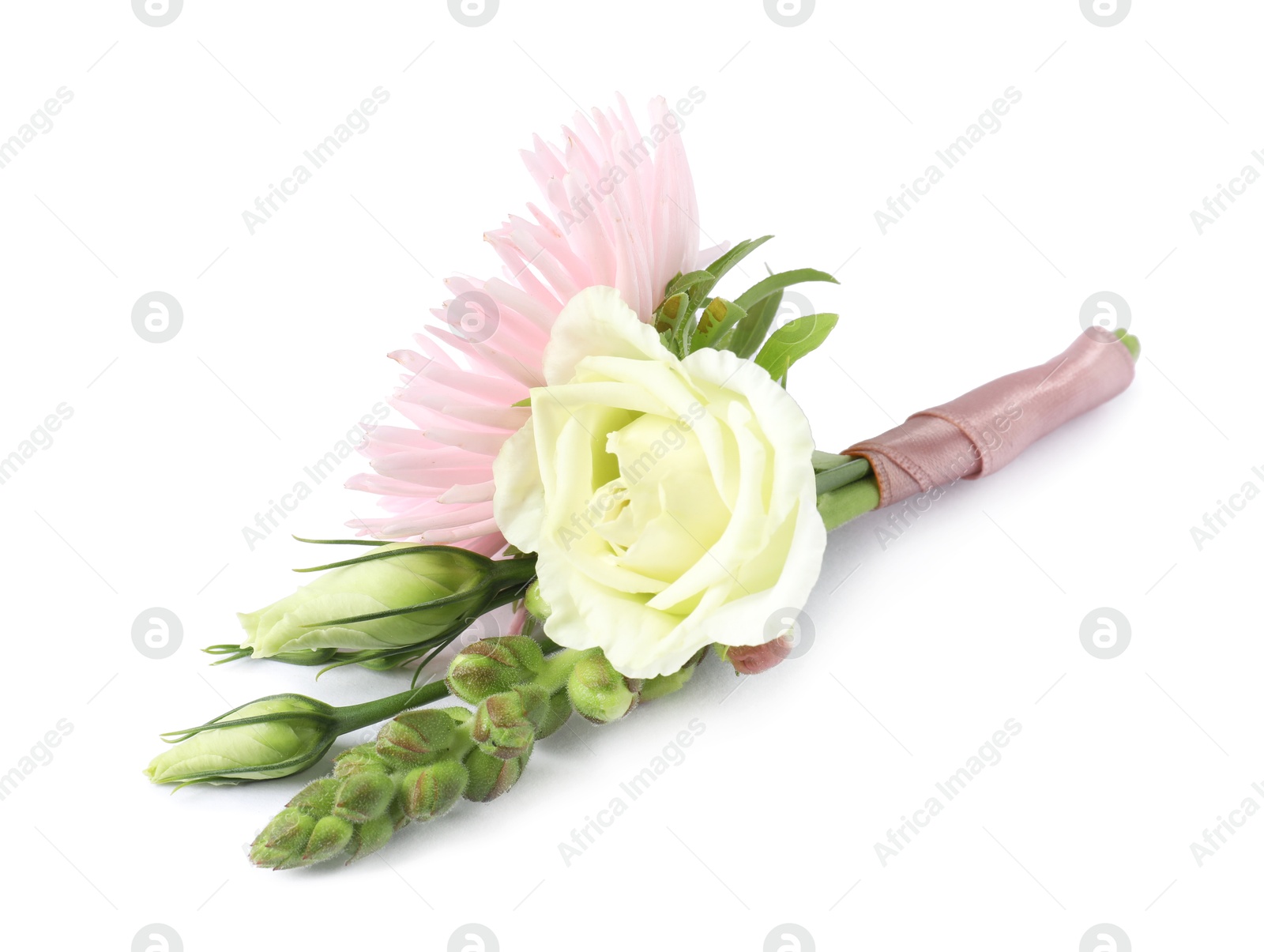 Photo of One stylish small boutonniere isolated on white