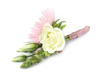 Photo of One stylish small boutonniere isolated on white