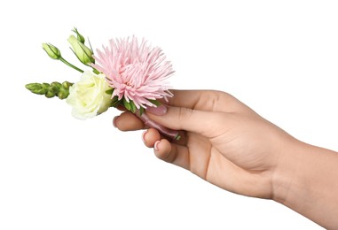 Photo of Woman with stylish small boutonniere on white background, closeup