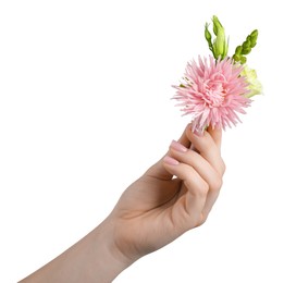 Photo of Woman with stylish small boutonniere on white background, closeup