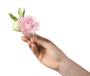Photo of Woman with stylish small boutonniere on white background, closeup