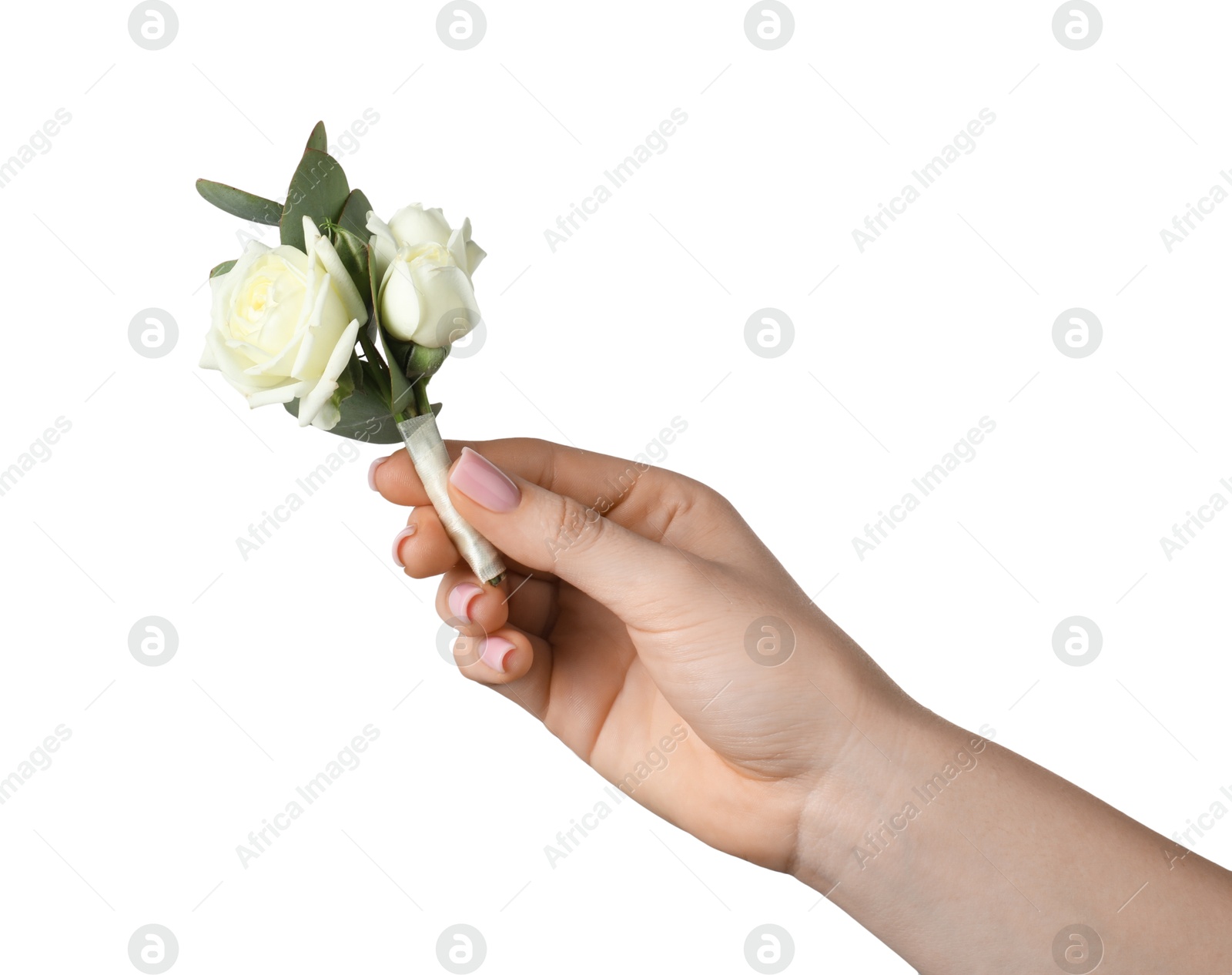 Photo of Woman with stylish small boutonniere on white background, closeup