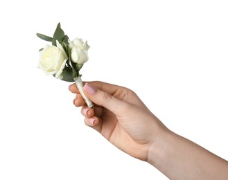 Photo of Woman with stylish small boutonniere on white background, closeup