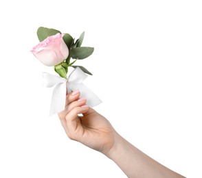 Photo of Woman with stylish small boutonniere on white background, closeup