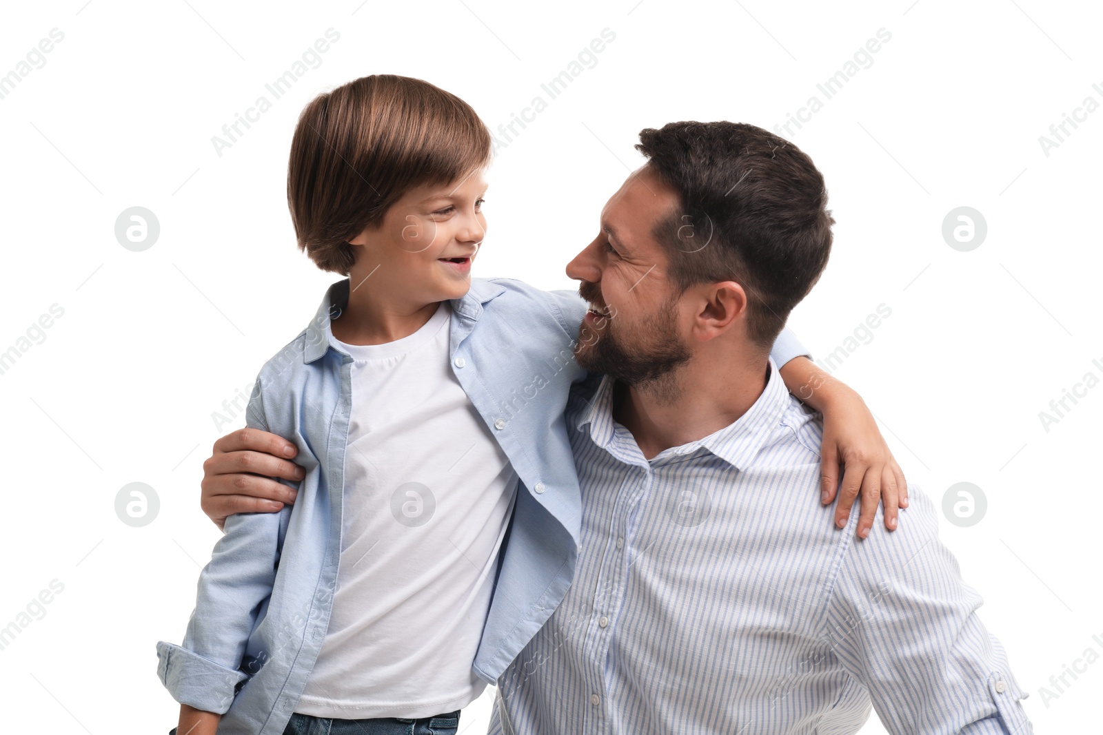 Father and son posing on white background Photo of Father and son posing on white background