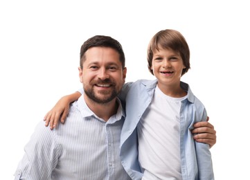 Photo of Father and son posing on white background