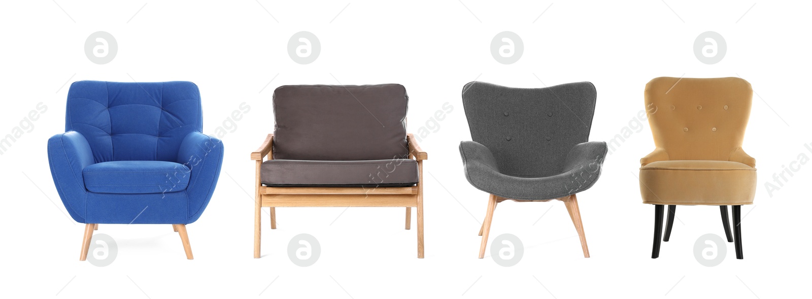 Image of Different chairs isolated on white, set. Stylish furniture