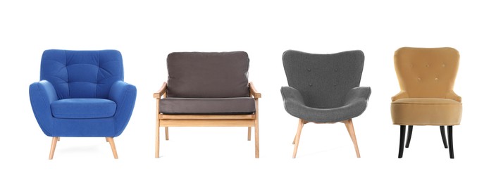 Image of Different chairs isolated on white, set. Stylish furniture