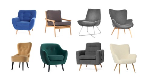 Image of Different chairs isolated on white, set. Stylish furniture