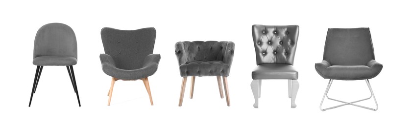 Image of Different chairs isolated on white, set. Stylish furniture