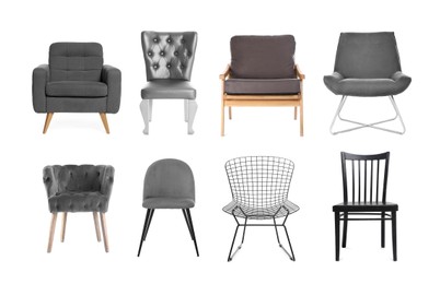 Image of Different chairs isolated on white, set. Stylish furniture