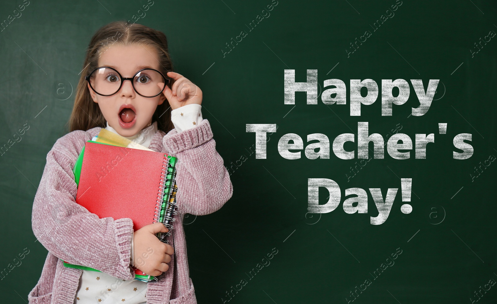 Happy Teacher's Day. Amused little girl with eyeglasses near green chalkboard Image of Happy Teacher's Day. Amused little girl with eyeglasses near green chalkboard