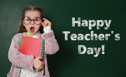 Image of Happy Teacher's Day. Amused little girl with eyeglasses near green chalkboard