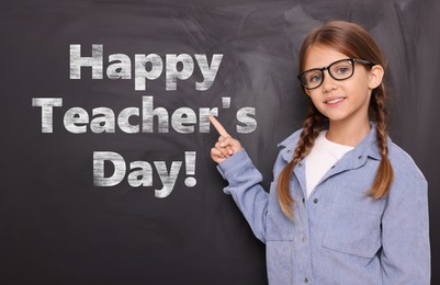 Image of Happy Teacher's Day. Cute little girl with eyeglasses near blackboard