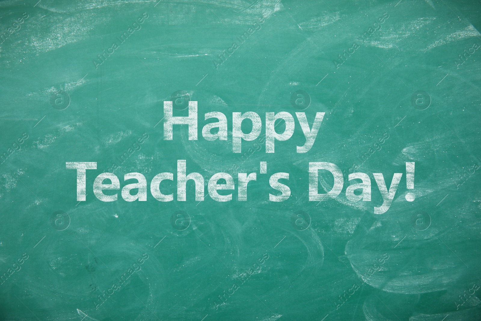 Image of Happy Teacher's Day greeting card. Text on green chalkboard
