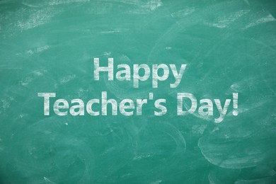 Image of Happy Teacher's Day greeting card. Text on green chalkboard