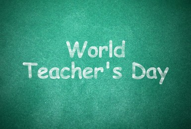 Image of Happy Teacher's Day greeting card. Text on green chalkboard