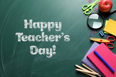 Image of Happy Teacher's Day greeting card with stationery and text on green chalkboard