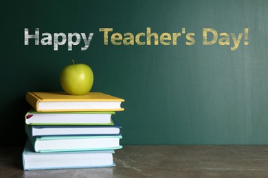 Image of Happy Teacher's Day greeting card with books and text on green chalkboard
