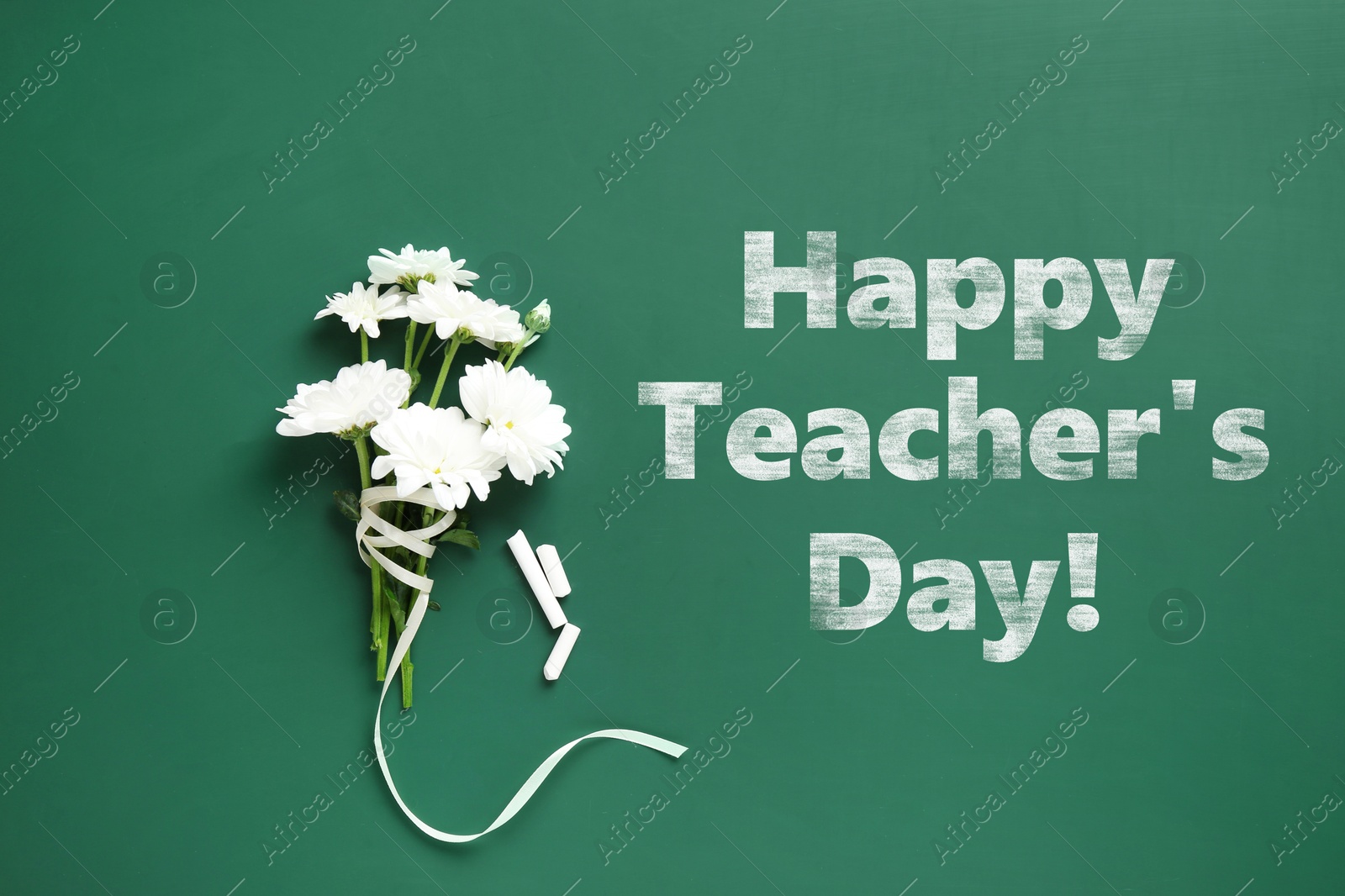Image of Happy Teacher's Day greeting card with flowers and text on green chalkboard