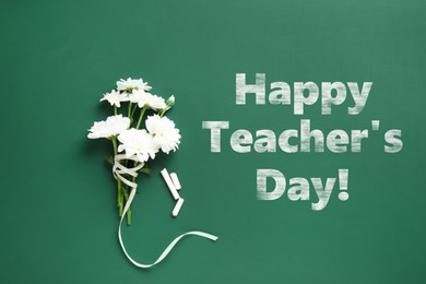 Image of Happy Teacher's Day greeting card with flowers and text on green chalkboard