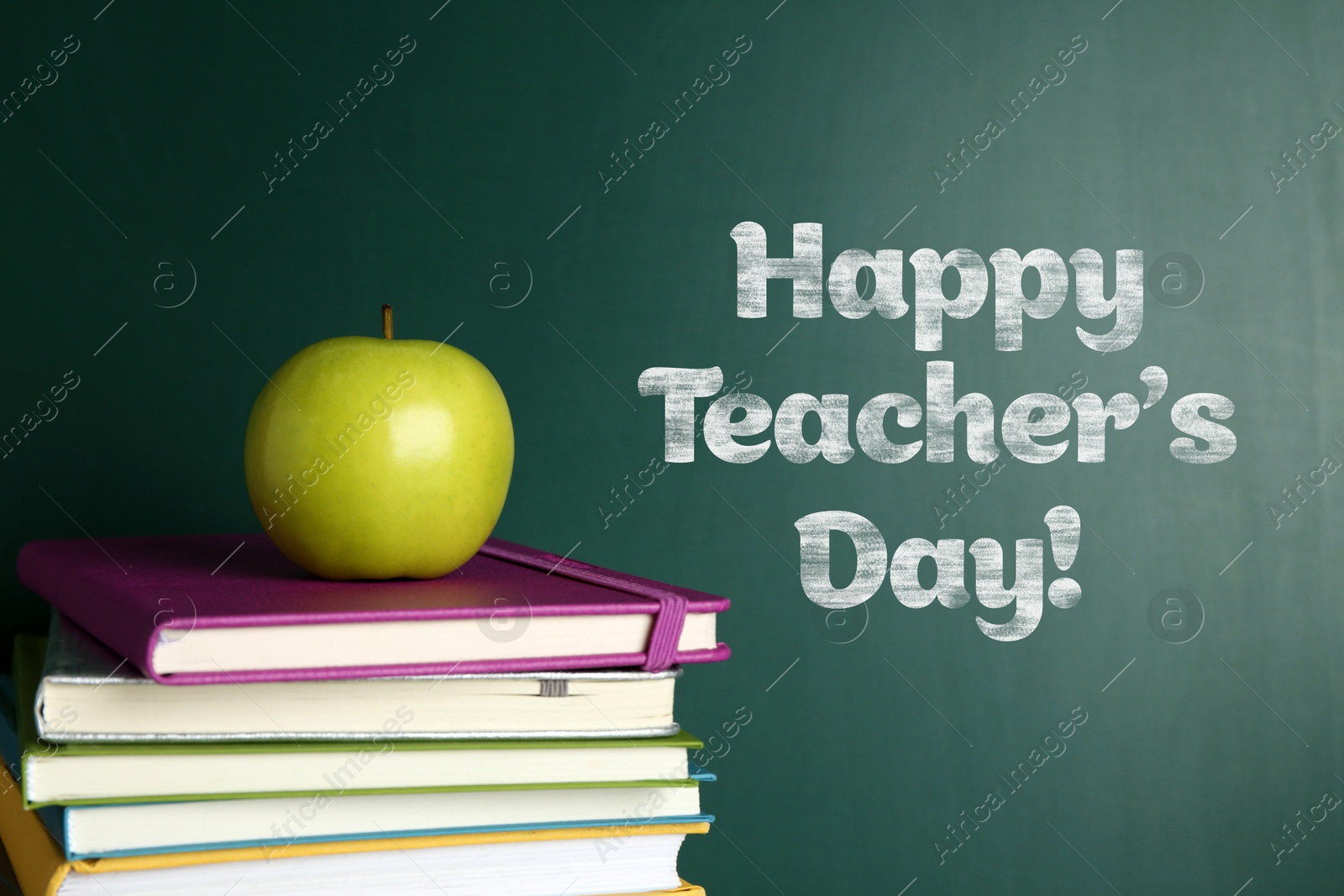 Image of Happy Teacher's Day greeting card with books and text on green chalkboard