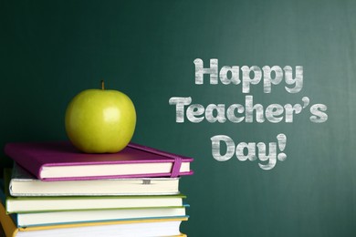 Image of Happy Teacher's Day greeting card with books and text on green chalkboard