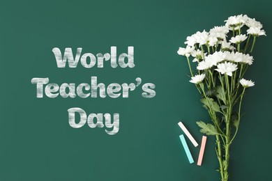 Image of Happy Teacher's Day greeting card with flowers and text on green chalkboard