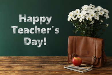 Image of Happy Teacher's Day greeting card with flowers and text on green chalkboard