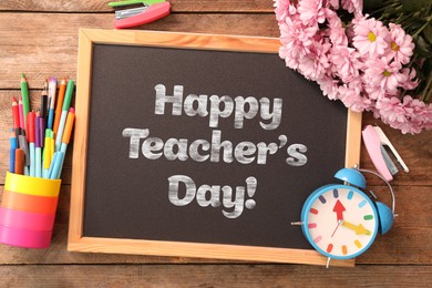 Image of Happy Teacher's Day greeting card with flowers and text on small chalkboard