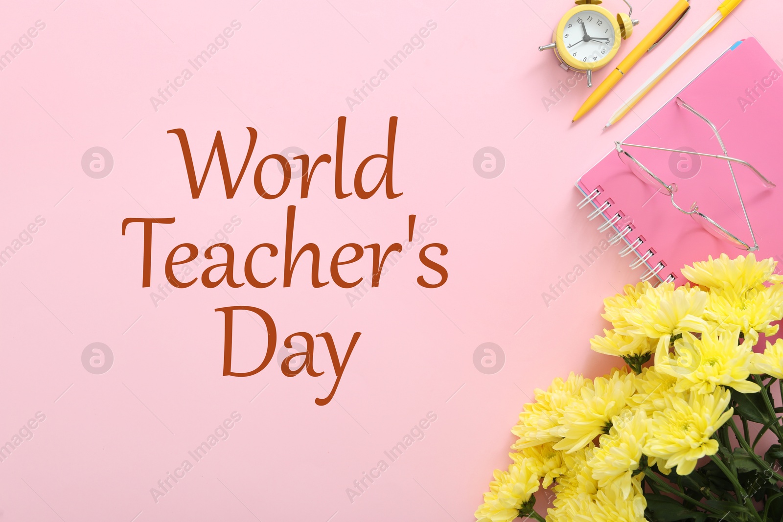 Image of Happy Teacher's Day greeting card with flowers, stationery and text on pink background