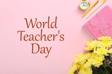 Image of Happy Teacher's Day greeting card with flowers, stationery and text on pink background