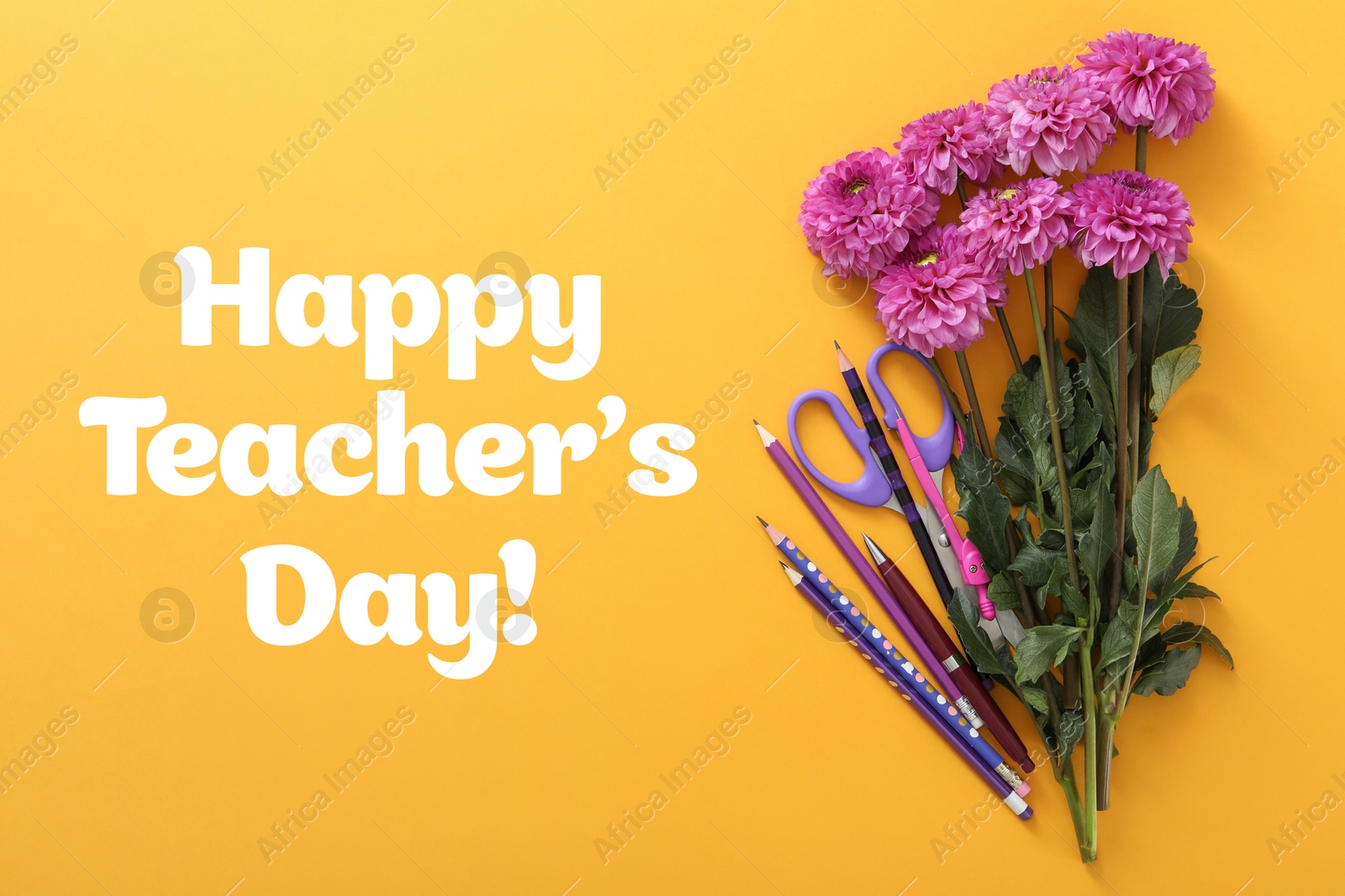 Image of Happy Teacher's Day greeting card with flowers, stationery and text on orange background