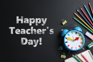 Image of Happy Teacher's Day greeting card with stationery and text on blackboard