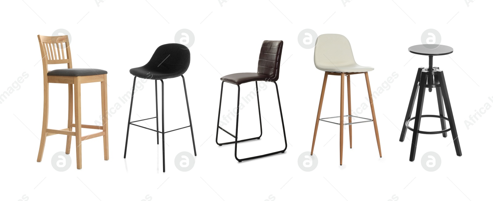 Image of Different bar chairs isolated on white, set. Stylish furniture