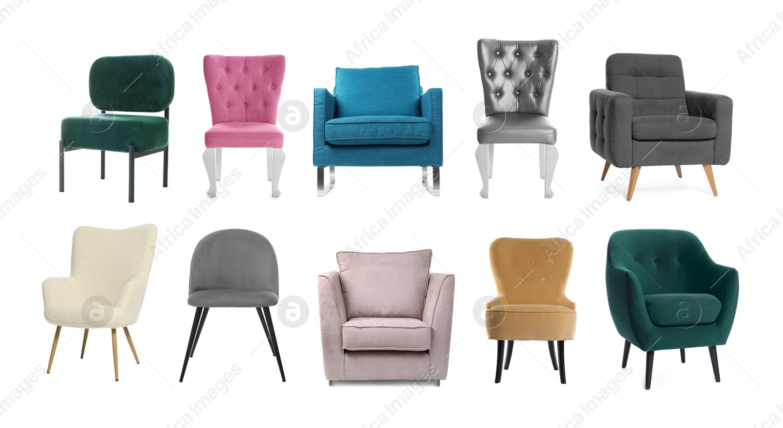 Different chairs isolated on white, set. Stylish furniture Image of Different chairs isolated on white, set. Stylish furniture