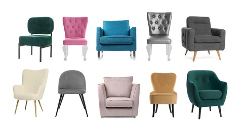 Image of Different chairs isolated on white, set. Stylish furniture