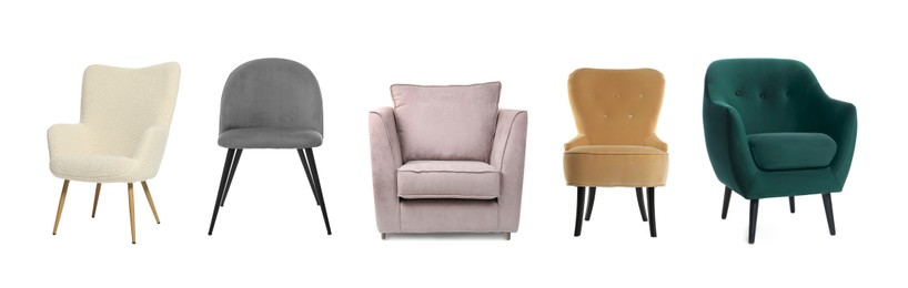 Image of Different chairs isolated on white, set. Stylish furniture