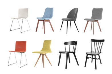 Image of Different chairs isolated on white, set. Stylish furniture