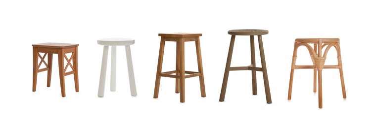 Image of Different stools isolated on white, set. Stylish furniture