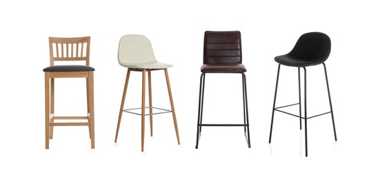 Image of Different bar chairs isolated on white, set. Stylish furniture