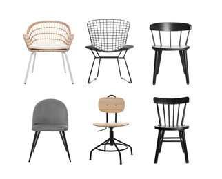 Image of Different chairs isolated on white, set. Stylish furniture