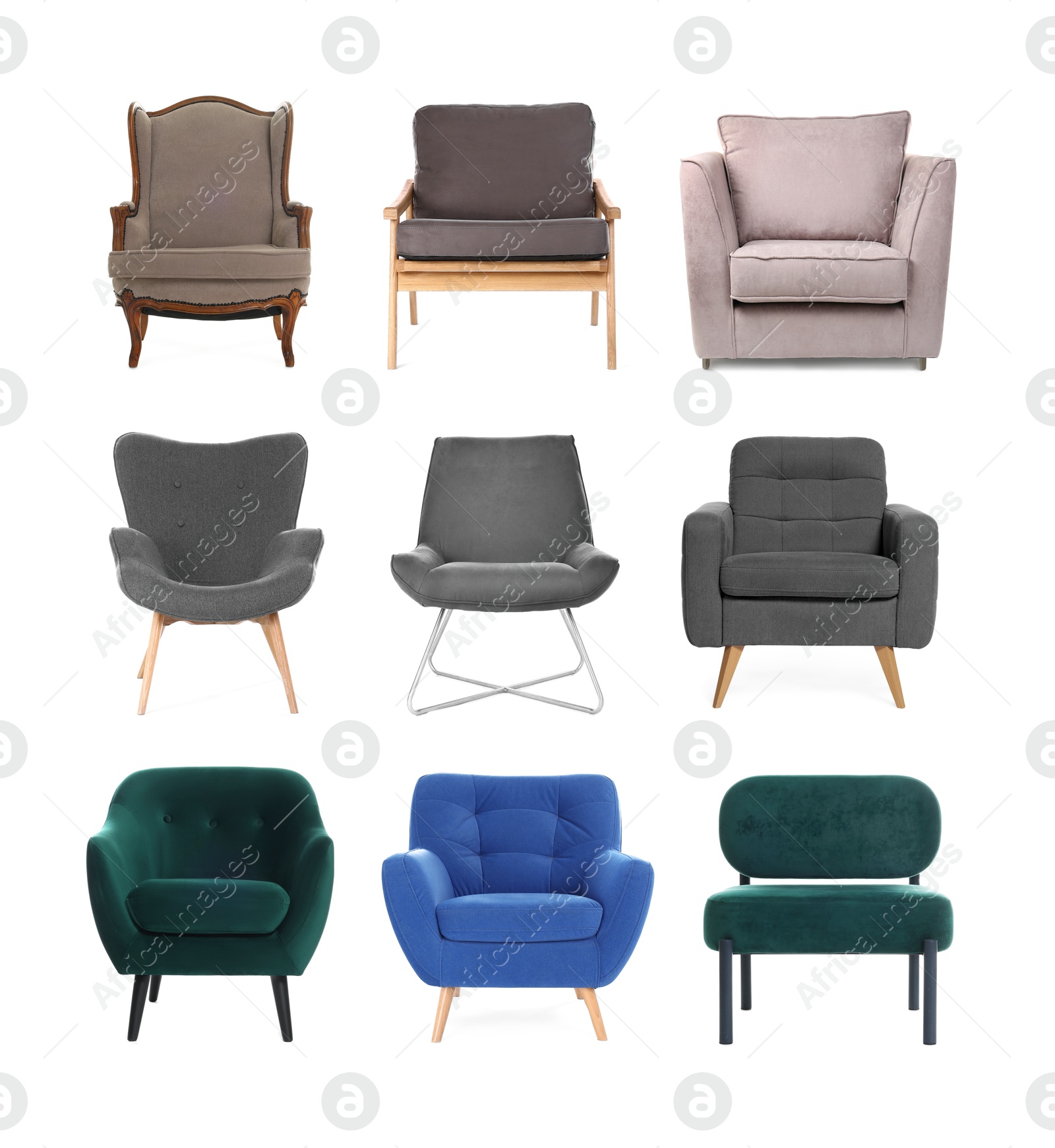 Image of Different chairs isolated on white, set. Stylish furniture